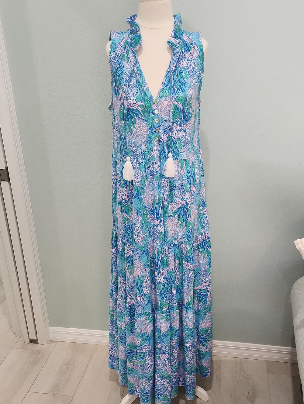 Lilly Pulitzer Blue Green Floral Maxi Dress with White Tassels